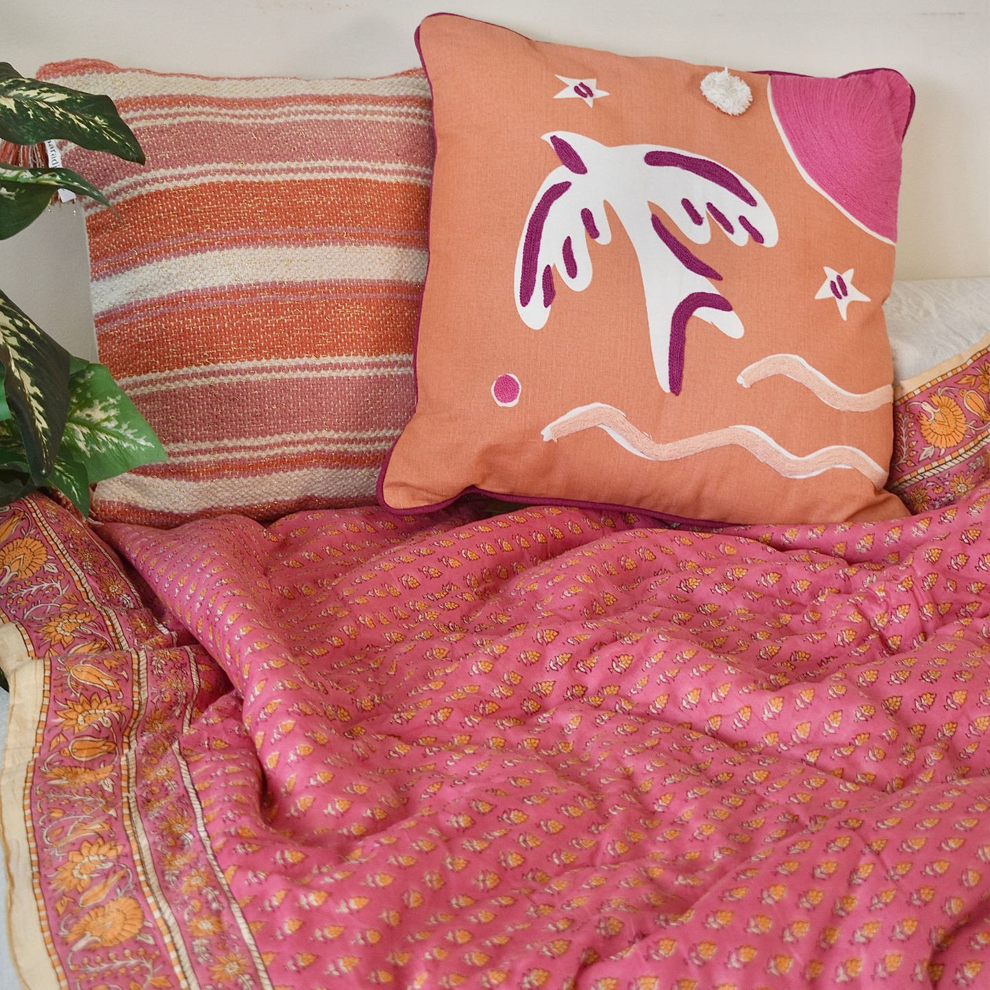 Fuchsia Bliss Block Print Cotton Blanket