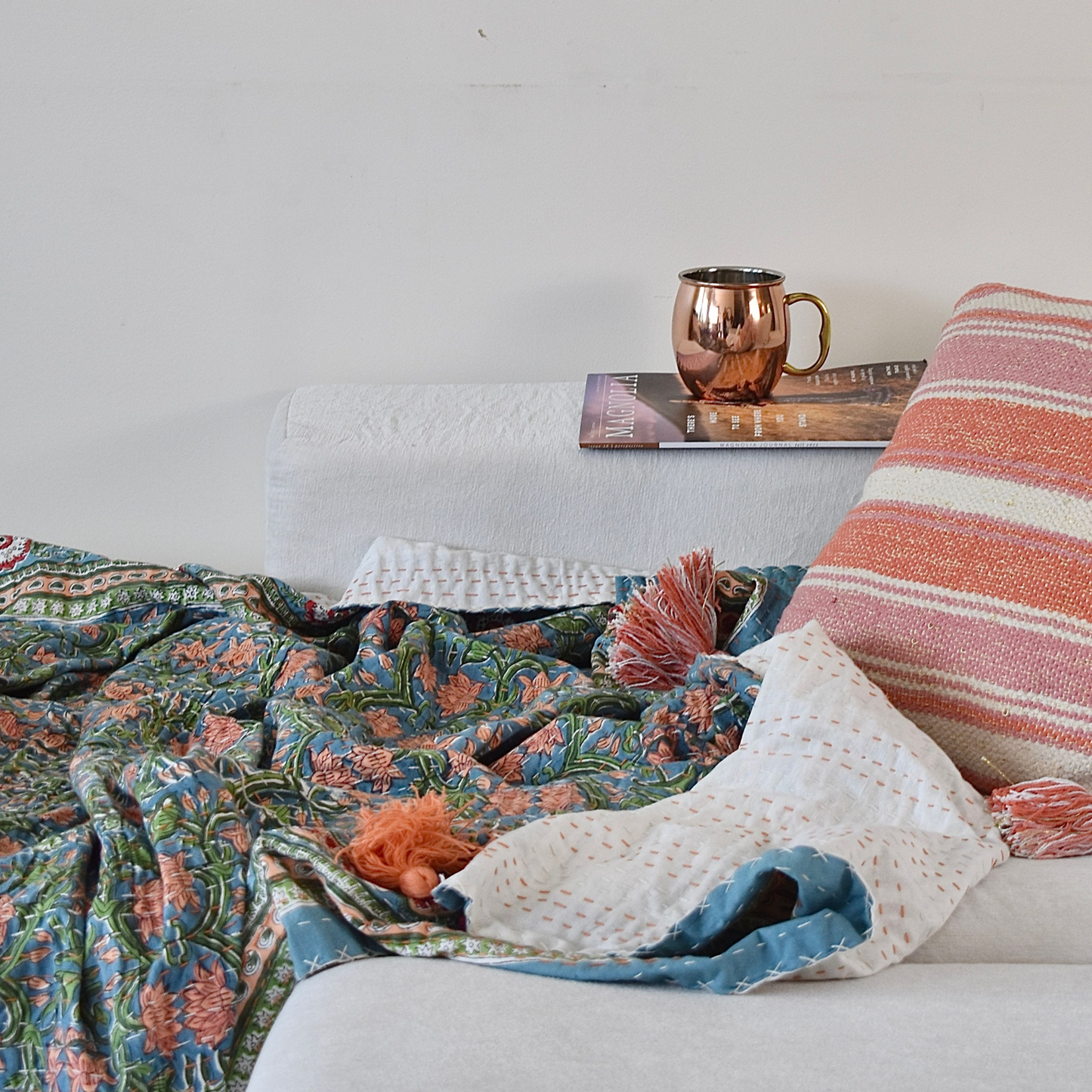 Harmony Block Print Kantha Quilt