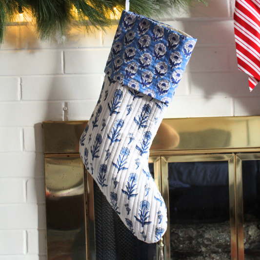 Block Printed Christmas Stocking-White & Blue