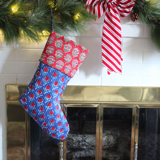 Block Printed Christmas Stocking-Blue & Red