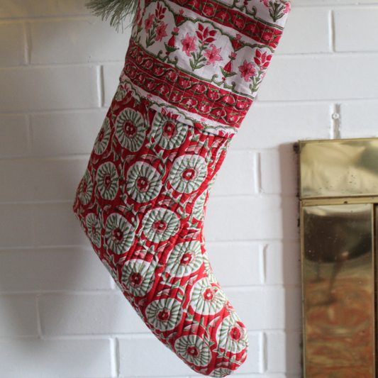 Block Printed Christmas Stocking-Red & Green