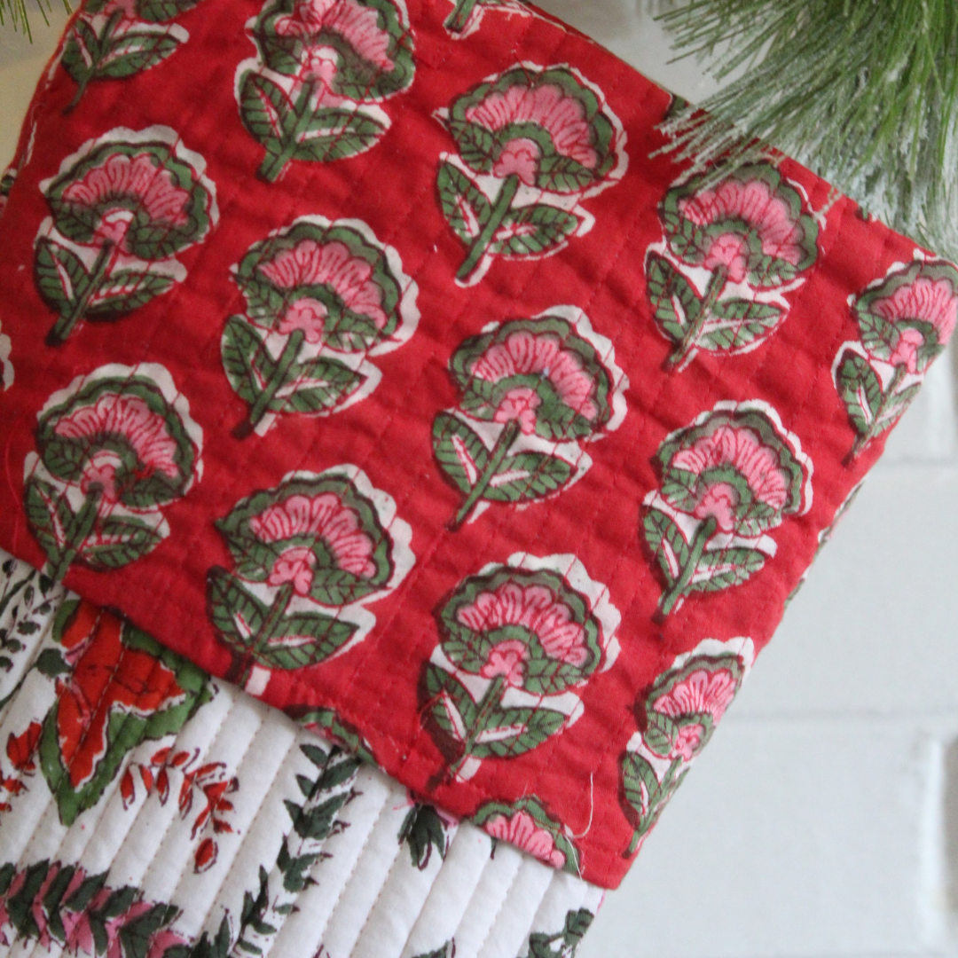 Block Printed Christmas Stocking-Red & White