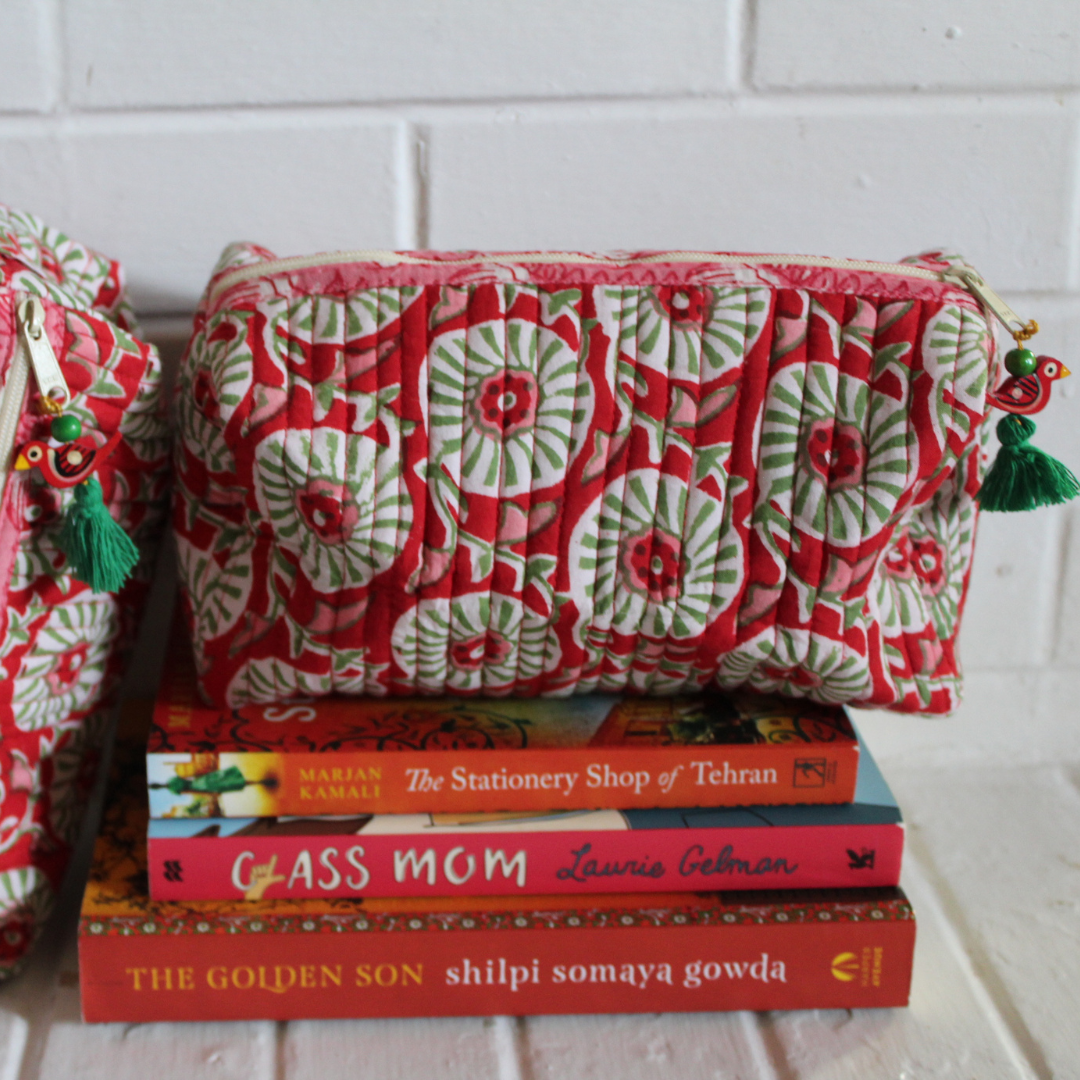 Block Print Quilted Makeup Bag-Red