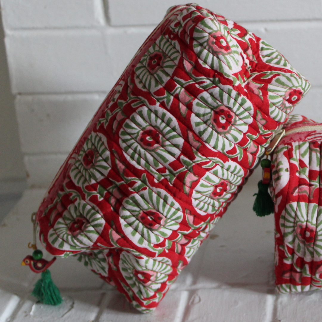 Block Print Quilted Makeup Bag-Red