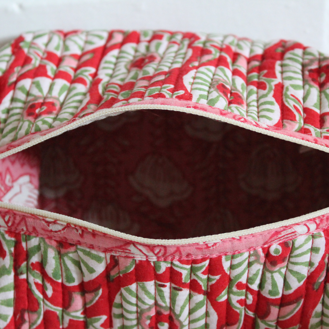 Block Print Quilted Makeup Bag-Red